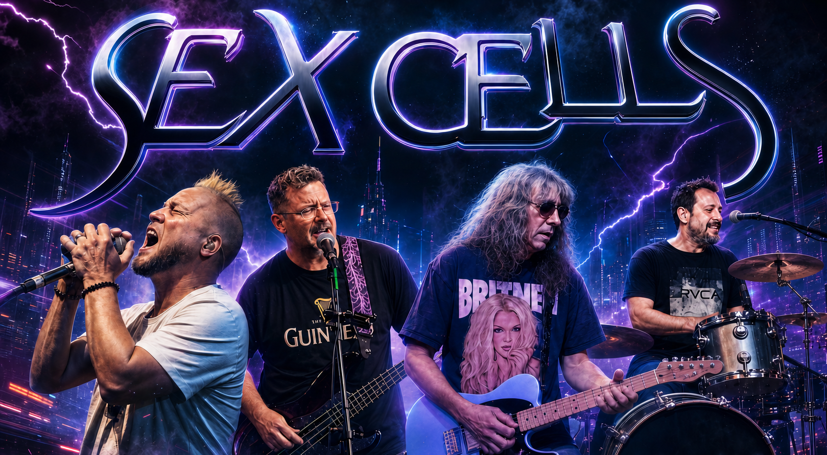 The four members of Sex Cells beneath the band's logo